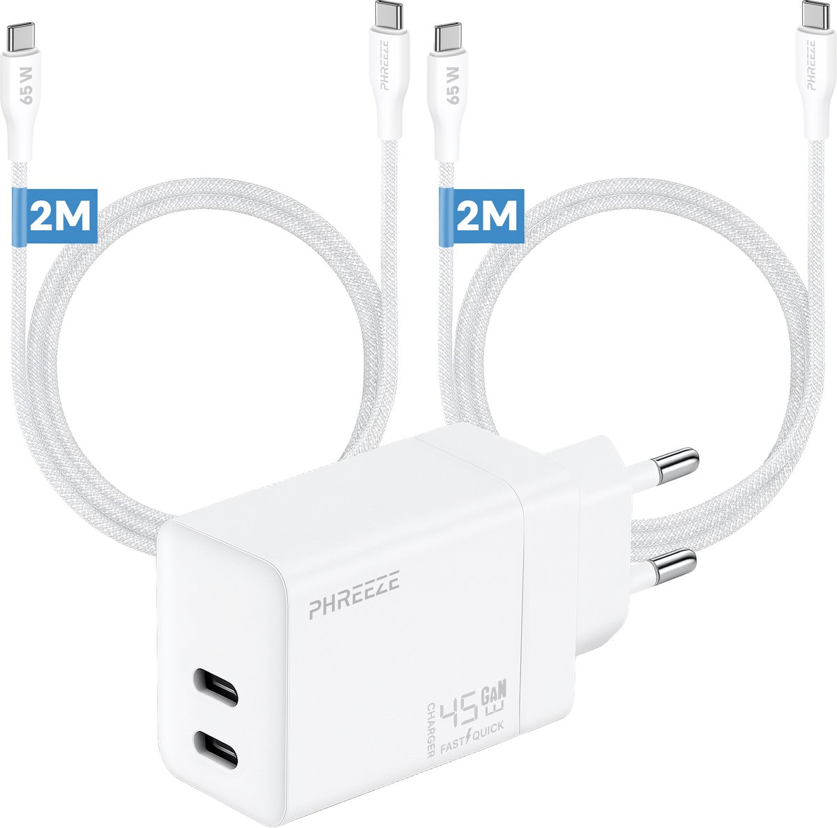 Phreeze dubbele usb C adapter - Met usb C naar usb C kabels - Complete 2m snellader set voor smartphone en tablet