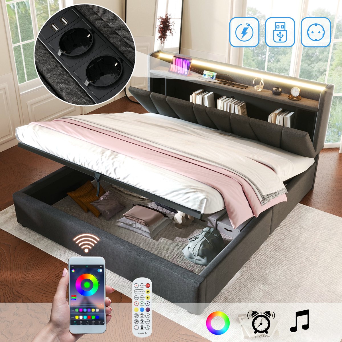 VVBV 160x200 cm Tweepersoonsbed met USB-oplader en ledverlichting - hoofdbord met opbergruimte - opbergbed met lattenbodem - Linnen - Grijs Grey
