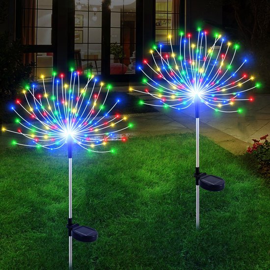 2-Stuks Zonne-energie-tuinverlichting - Waterdichte vuurwerkverlichting voor buiten - Kerstverlichting - Gekleurde zonne-energie tuinverlichting - 150 LED-kralen - Buitendecoratie - Geschikt voor patio's, terrassen en paden - Meerkleurig