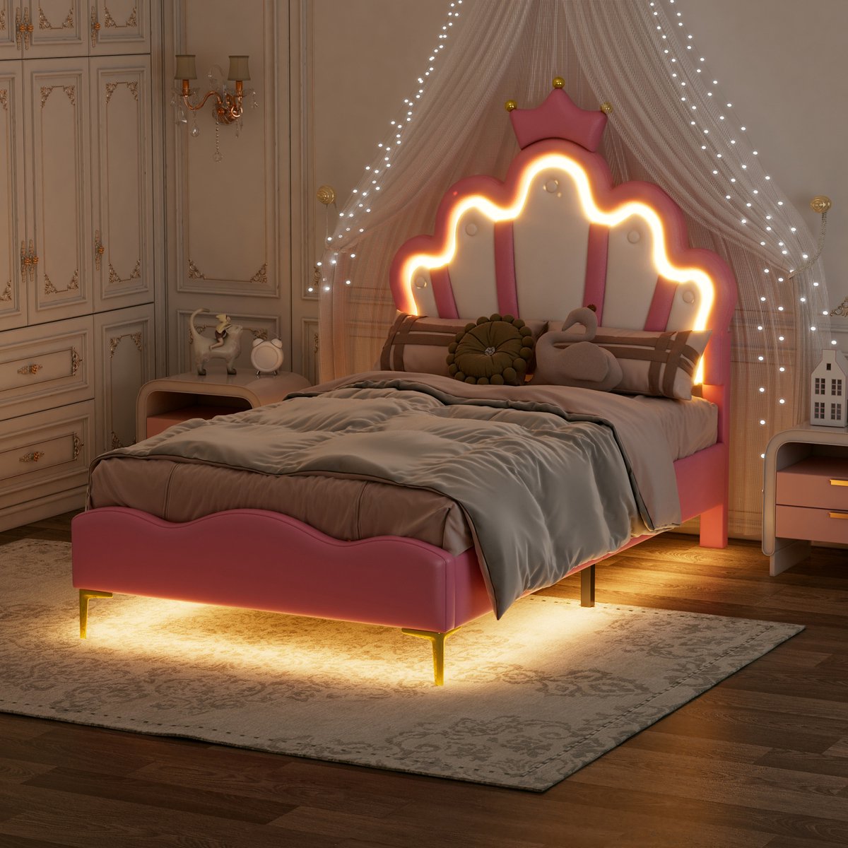 Kinderbed Met Opbergruimte - 90 X 200 Cm - Met LED's USB Hoofdbord Met Opbergruimte Metalen Frame Mdf Beige