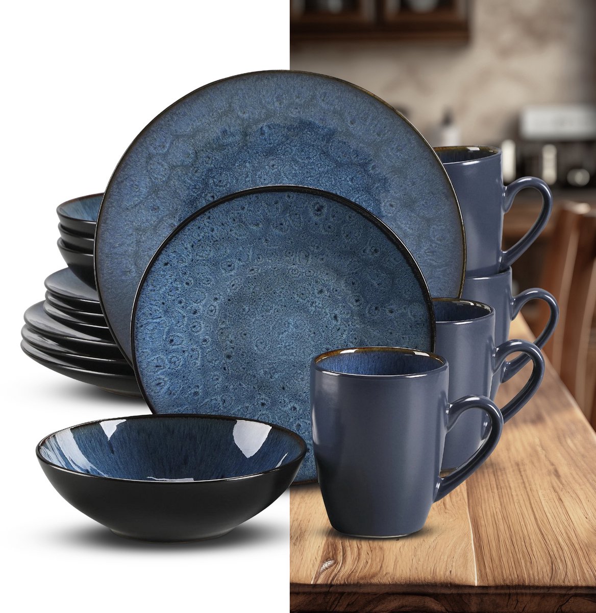 Luxe Serviesset – 16 delig – 4 persoons – Porselein - Bordenset – Dinner platen – Dessertborden - Kommen - Mokken - Blauw