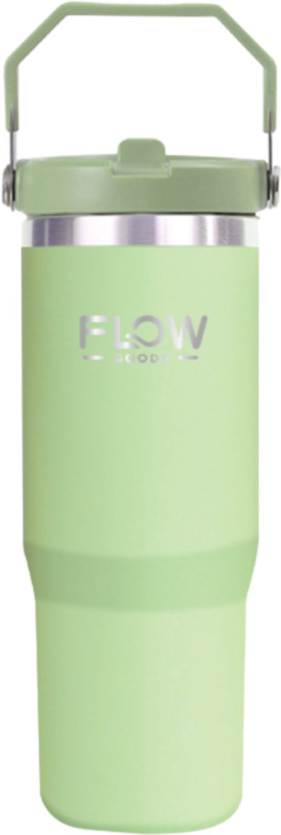 Flow Goods Flip Straw LightFlow Tumbler – Groen – Thermosbeker met Hendel – 100% Lekvrij - Drinkfles met Rietje – 0.89 Liter – Thermosbeker – Travel Mug