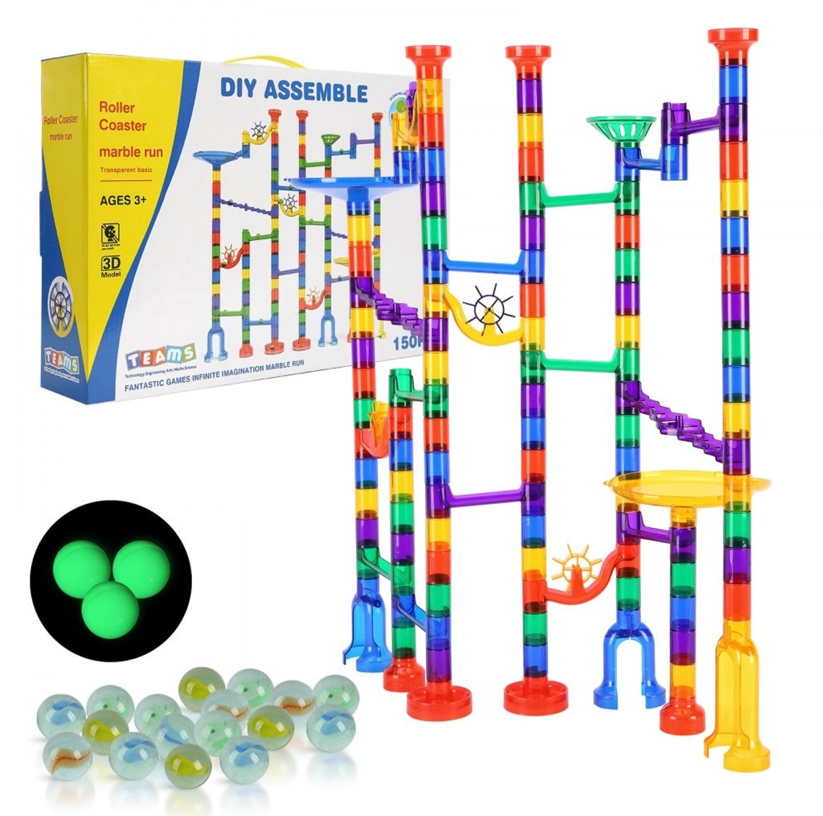 Knikkerbaan Set - Bouwpakket 150-delig - 10 Glow-in-the-Dark + 40 Glazen Knikkers - Educatief STEM Speelgoed - Bouwstenen - Racebaan - Vanaf 3 Jaar