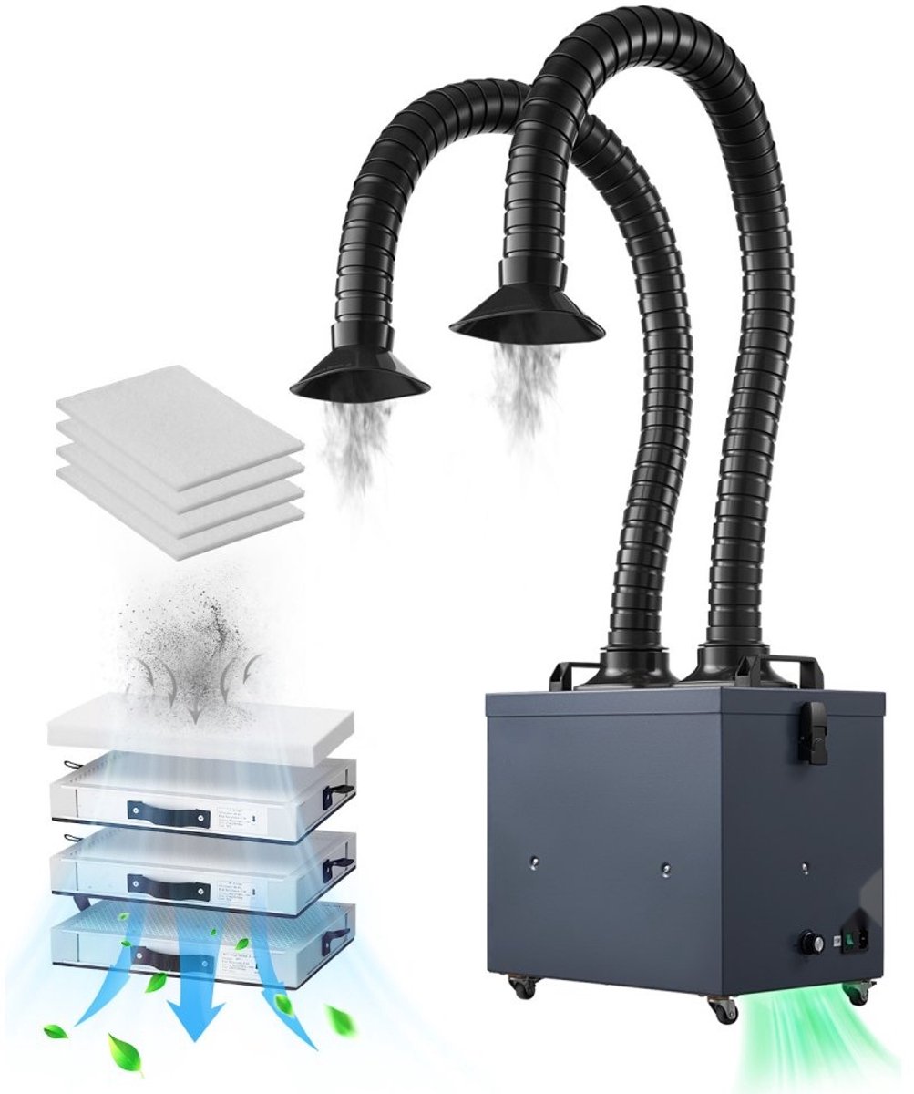 Soldeer- en lasrookafzuiger - Afzuigsysteem met dubbele slangen - 275 W Motor - 4-traps Filter - 10 Snelheden - 380 m³/u Luchtstroom - Voor solderen, lasergraveren & lassen