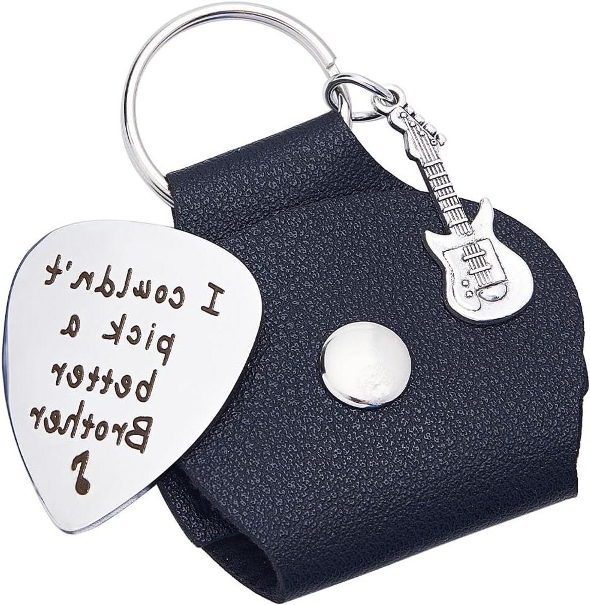 EGoods - Sleutelhanger van roestvrij staal met gravure in zwart thema voor gitaristen met lederen gitaar design, geschikt als cadeau.