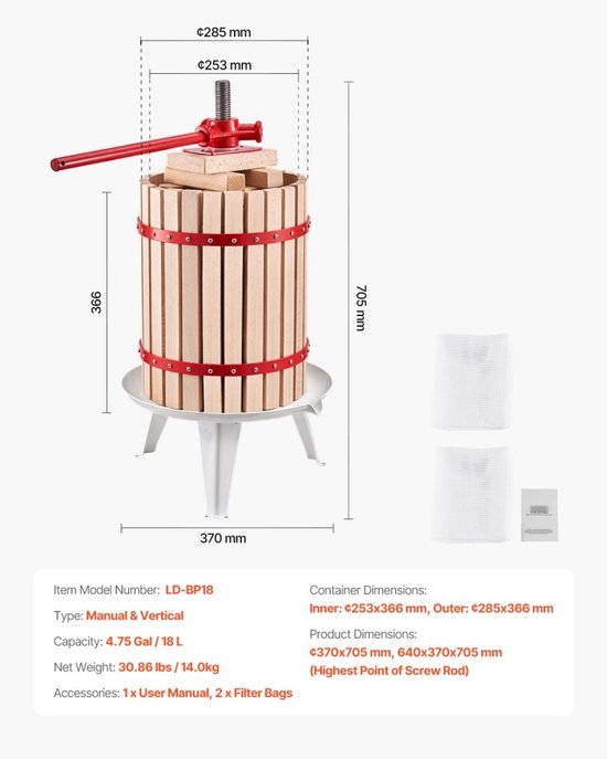 Fruit- en wijnpers - Handmatige mandpers 18 liter - Massief houten mand - Robuust ontwerp - Ciderpers/Appelpers/Druivenpers - Met handvat — afbeelding 3
