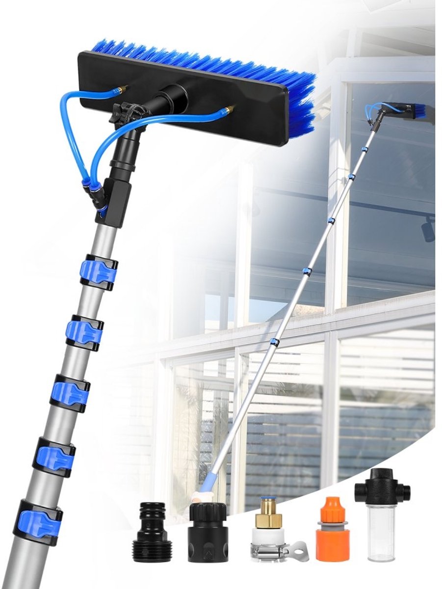 Telescopische Wasborstel - Glazenwasser Set - 11 m Telescoopsteel - 180° Draaibare Borstelkop - Waterdoorvoer - 20 m Slang - Voor Ramen, Zonnepanelen & Caravan