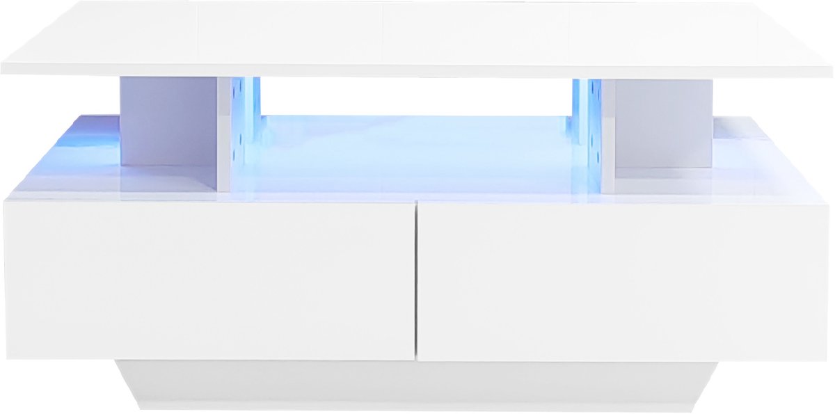MODFU Hoogglans LED salontafel 90x55x41 cm met 2 lades en opbergruimte, moderne woonkamer tafel wit