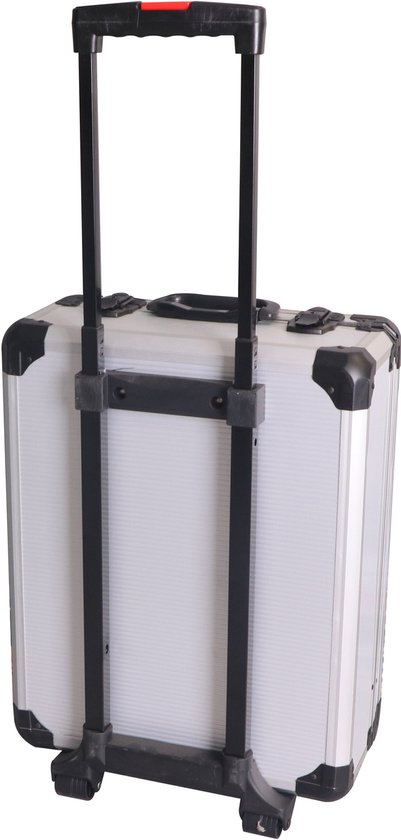 Zilverkleurige aluminium gereedschapskoffer met uitschuifbare handgreep en wielen.