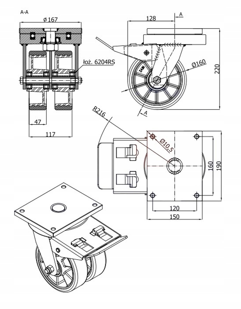 Aluminium-Polyurethaan Wiel Ø160mm met Rem, Tandem, 800kg