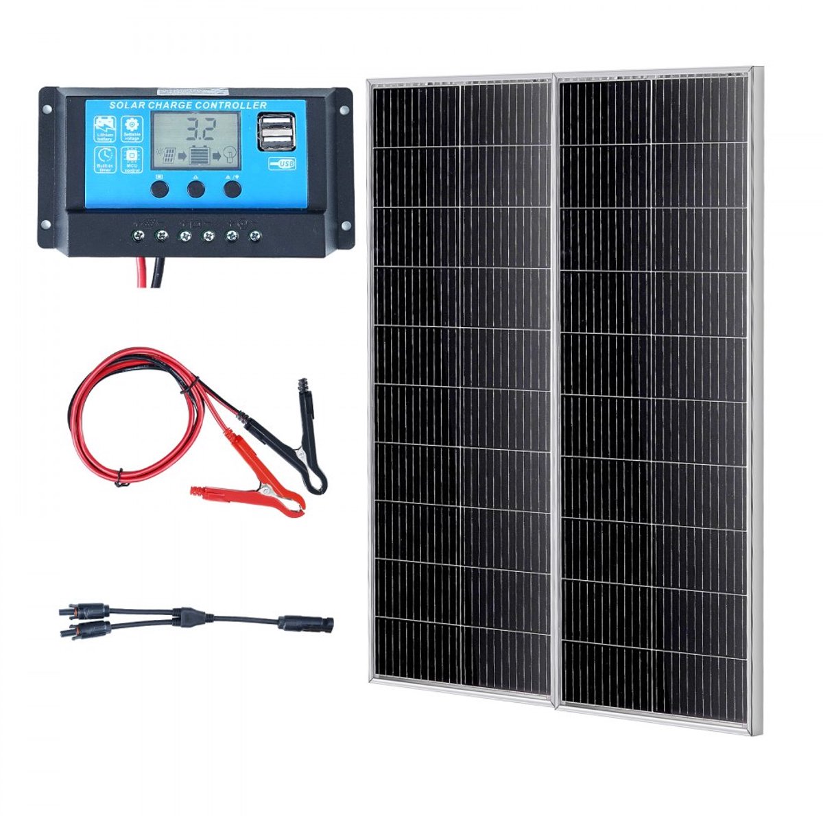 Zonnepaneelset - 12V Monokristallijn 200W (2x100W) - Met Laadregelaar 16,66A - Rendement 23% - Compatibel met AGM, GEL, Vloeistof & Lithium-accu's - Voor Camper, Boot & Caravan