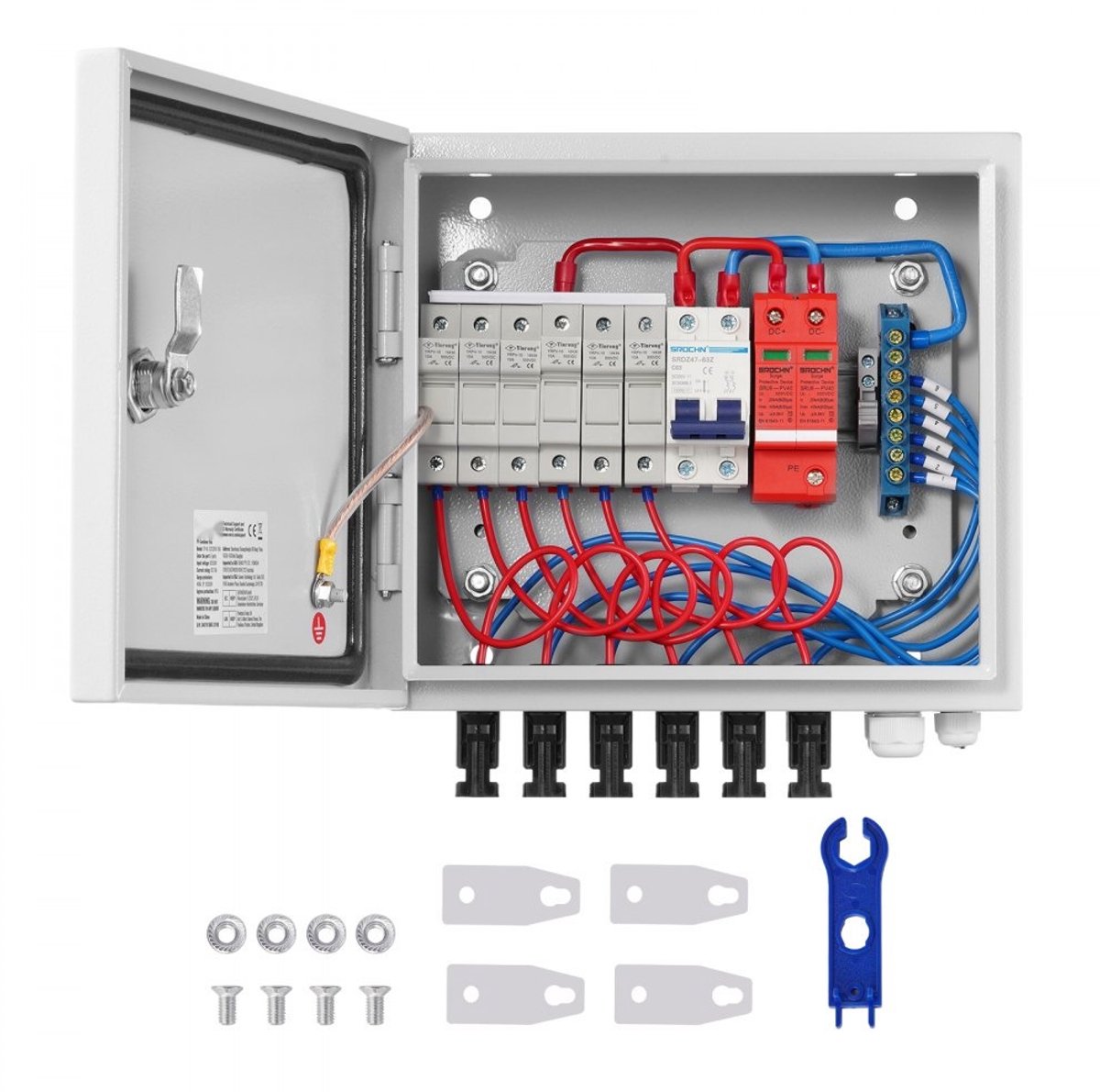 Zonnepaneel Stringverdeler - 6-String PV-Combinerbox - 10A Zekeringen - 63A Stroomonderbreker - Overspanningsbeveiliging - IP65 - Stalen Behuizing - MC4-Connectoren