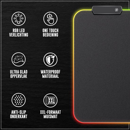 Pictogrammen met tekst: RGB LED VERLICHTING, ONE TOUCH BEDIENING, ULTRA GLAD OPPERVLAK, WATERPROOF MATERIAAL, ANTI-SLIP ONDERKANT, XXL-FORMAAT MUISMAT.