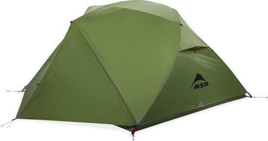 Groene MSR Elixir 3 tent met MSR logo op de zijkant, rode accenten.