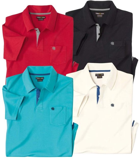 Vier poloshirts op een rij: rood, zwart, turquoise en wit.