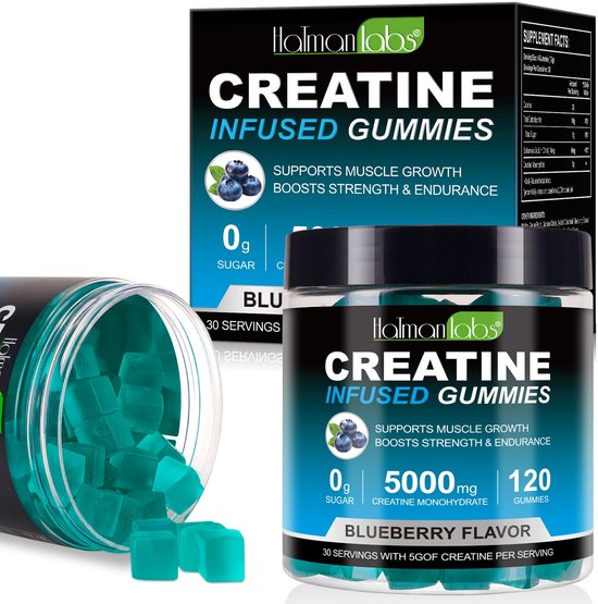 Pot met creatine gummies, bosbessensmaak, met doos en supplementfeiten.