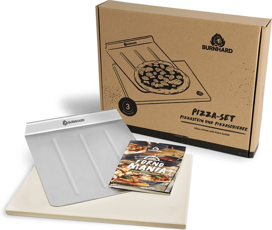 BURNHARD® Cordieriet Pizzasteen, RVS Pizzaschep, knapperige Pizzasteen, krokante pizza, 45x35 cm, voor oven & grill – Pizzasteen met Pizzaschep Set