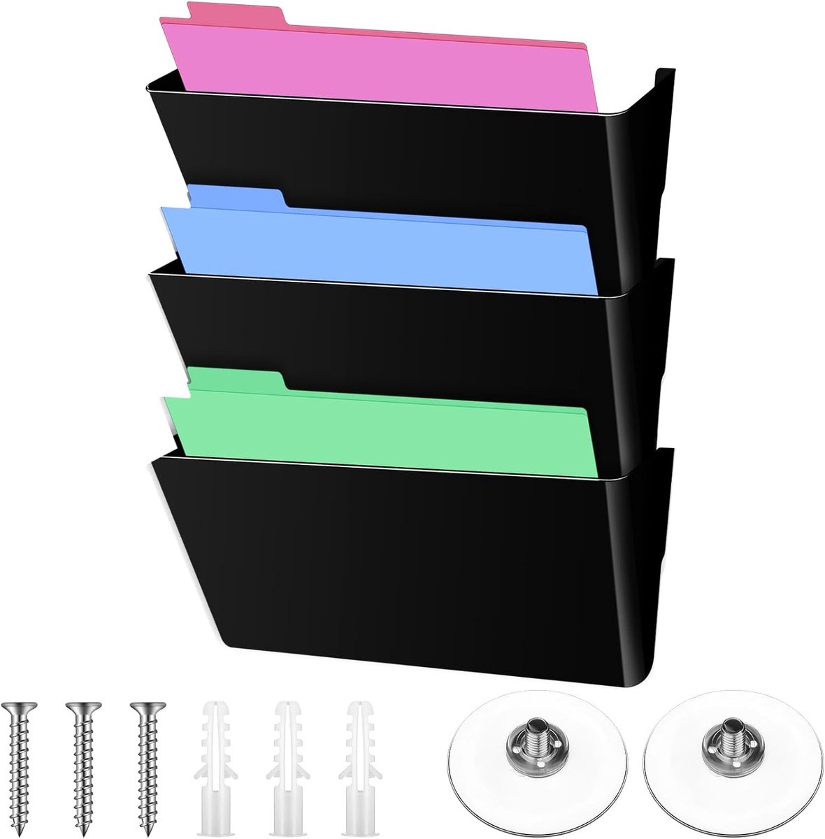 Tijdschriftenrek Muur Set van 3, Plastic Wand Tijdschriftenhouder met Zuignappen en Schroeven, Zwarte Documenten Opbergbak voor Legal Size Papieren en Magazines 42x17.8x10.9 cm