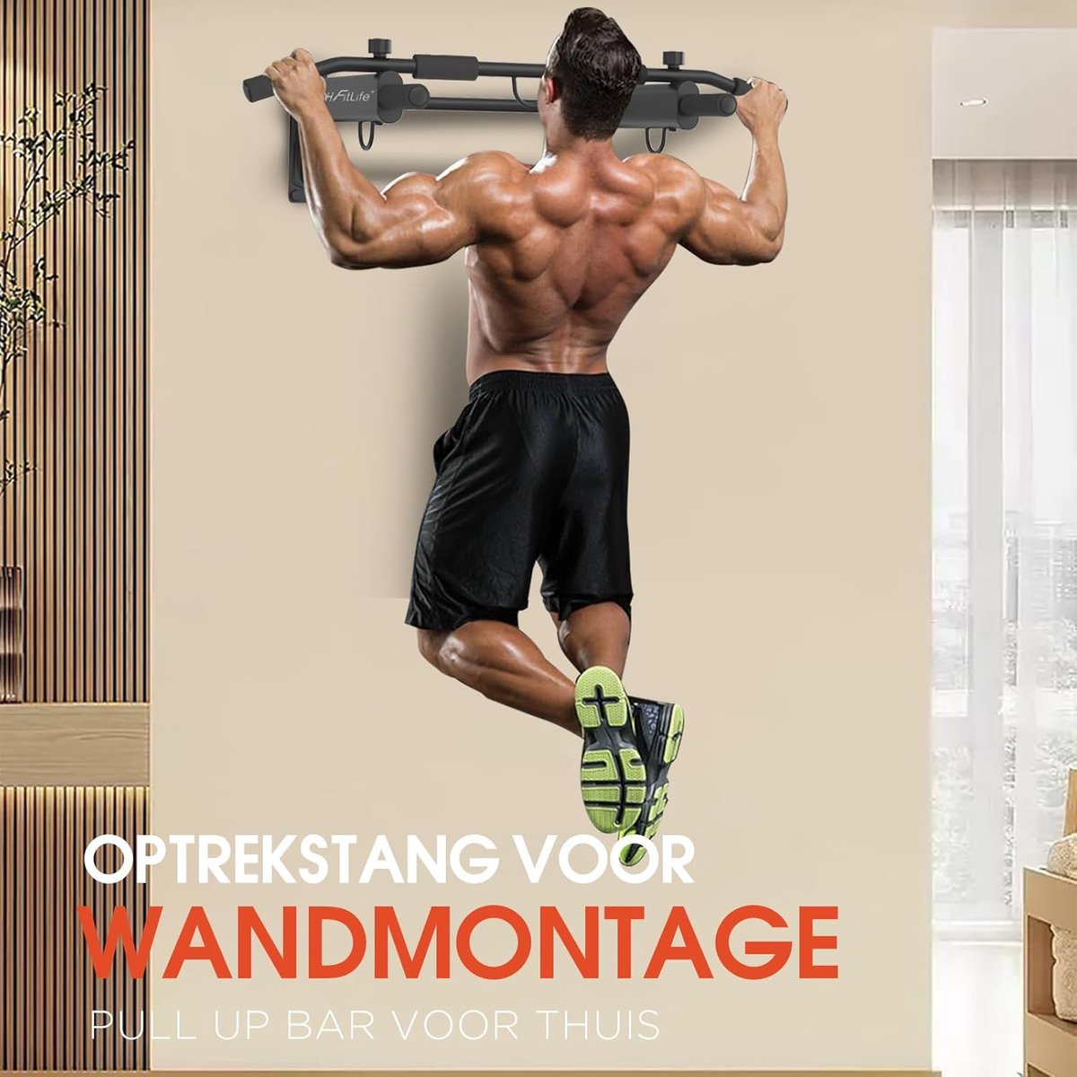 DH FitLife 4-in-1 optrekstang voor wandmontage met spreidplug, multifunctionele pull-up bar voor thuis tot 200 kg | 6 antislip handgrepen | 3 ogen voor bokszak & slingtrainer | veilig en stabiel thumbnail 2