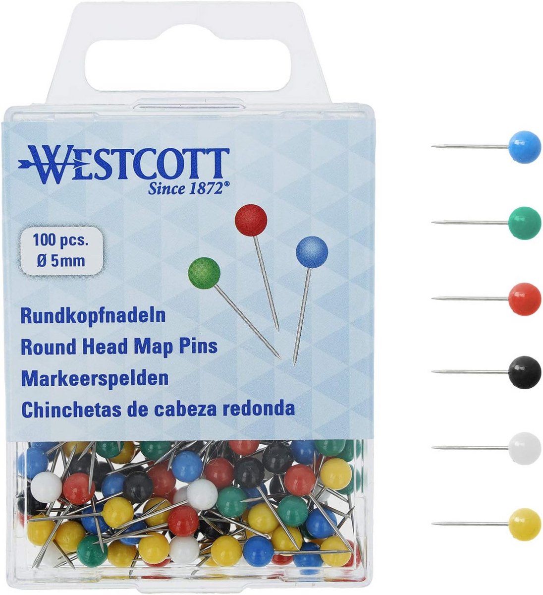 Ronde kopspelden, 100 stuks, 5 mm diameter, 16 mm lang, gesorteerd op kleur (E-10500 00)