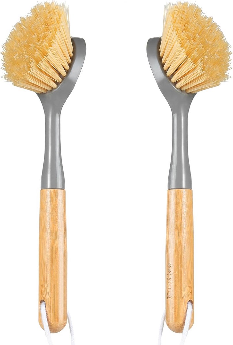Set van 2 afwasborstels met bamboe handvat en ingebouwde schraper