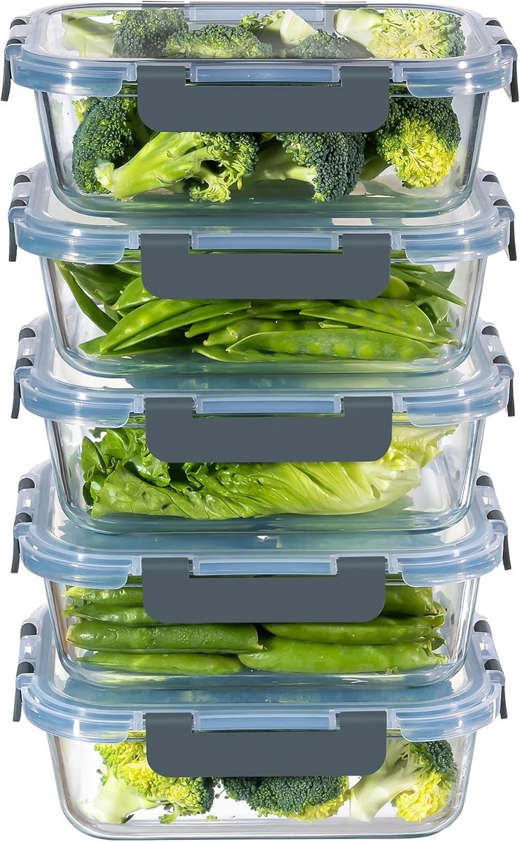 Set van 5 Glazen Opslagcontainers met Luchtdichte Deksel - Magnetron, Oven en Vaatwasmachinebestendig