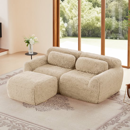 Canapé Modulaire Pluche en Forme de L 2 Places – Doux et Hypoallergénique – Remplissage Mousse 32D - Combinable Flexiblement – Conception Modulaire – Stable et Antidérapant - Incluant 2 Coussins de Dossier Et 1 Pouf Déplaçable - 204×179×73 cm - Khaki