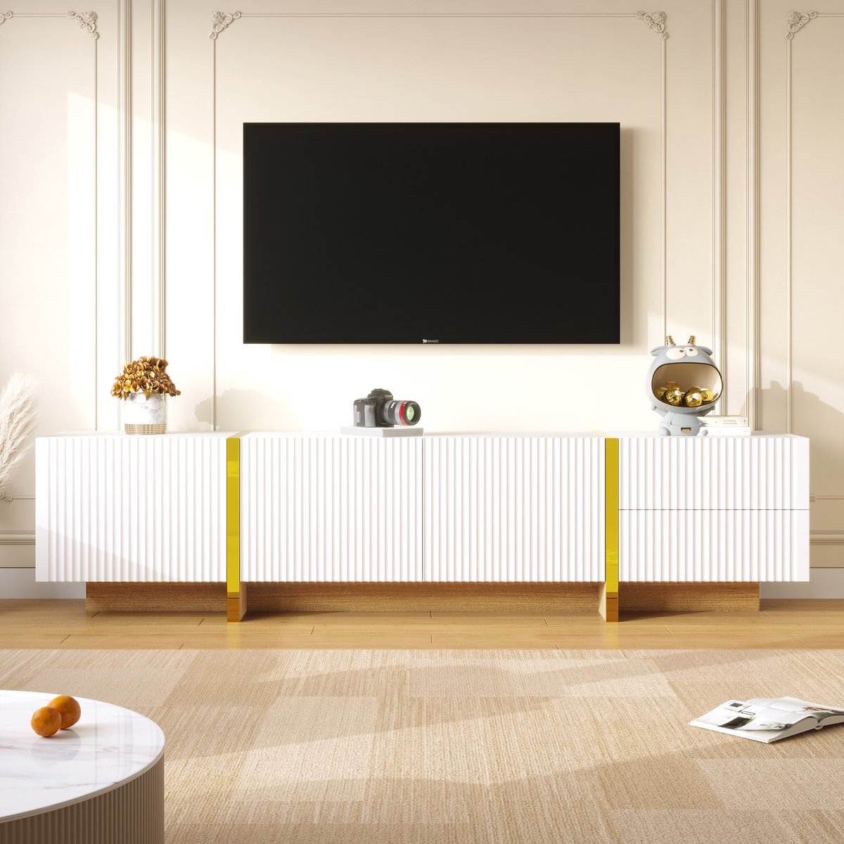 MODFU TV-meubel 190x35x45 cm van MDF en spaanplaat, met 2 laden en 3 deuren, wit met goud 