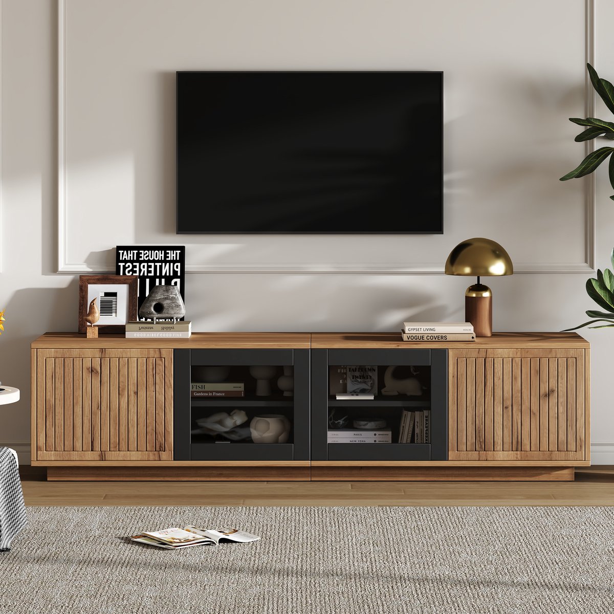 MODFU TV-meubel 180x40x45 cm van spanplaat en gehard glas, met app-gestuurde LED en opbergruimte Natuurlijk