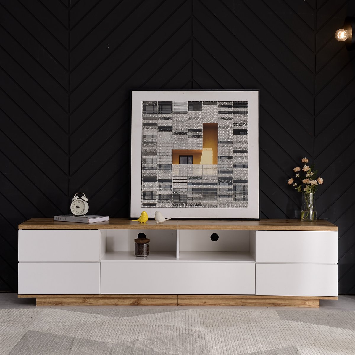 MODFU Tv-meubel – 180x38x46 cm – Wit & houtkleur met rasterpaneel – Verborgen greep – 5 deuren & 2 open vakken – MDF – Modern design