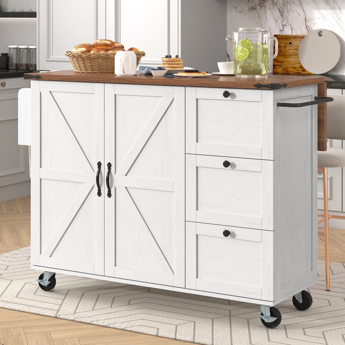 HAUSS SPOLE Keukeniland – Keukentrolley Met Uitklapbaar Werkblad 1 Deur 3 Lades – Verrijdbaar Met Remmen – MDF – 140x45x92,5 cm – Beige