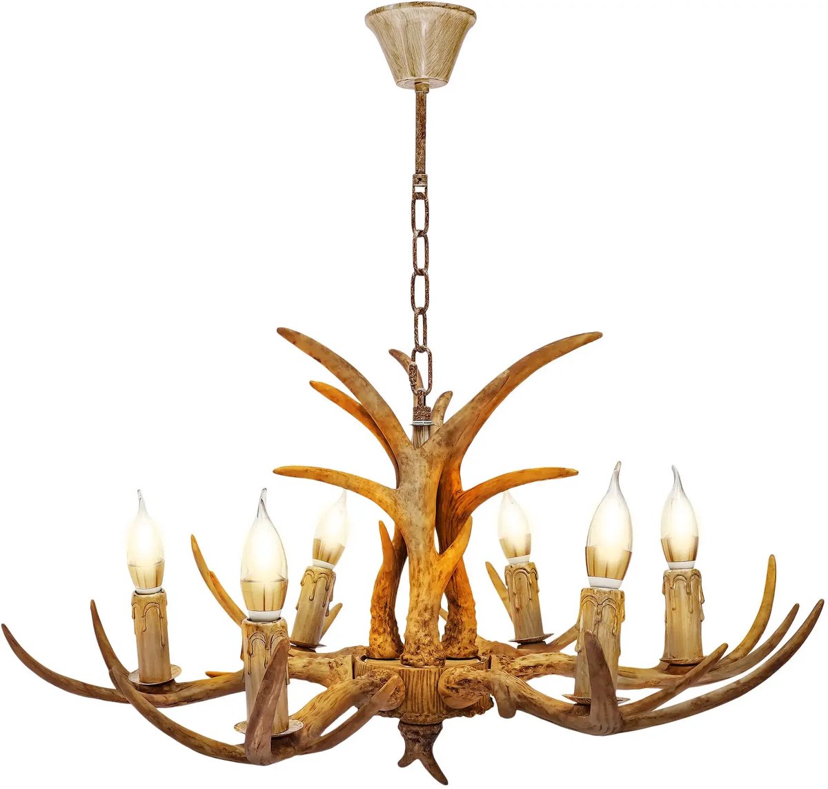 Fubzz Gewei Kroonluchter - Retro Bruine Hertenhoorn Lamp - 6 Lichtpunten E14 - Hanglamp Voor Woonkamer Bar Restaurant - Resin Design 220V"