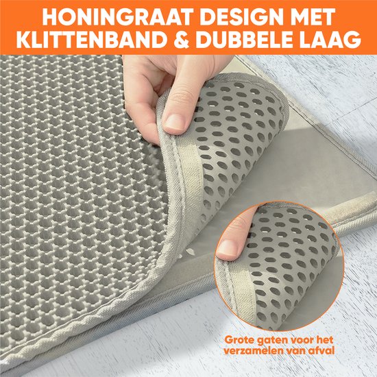 Beige kattenbakmat met honingraatontwerp, dubbele laag met klittenband en grote gaten om vuil op te vangen.