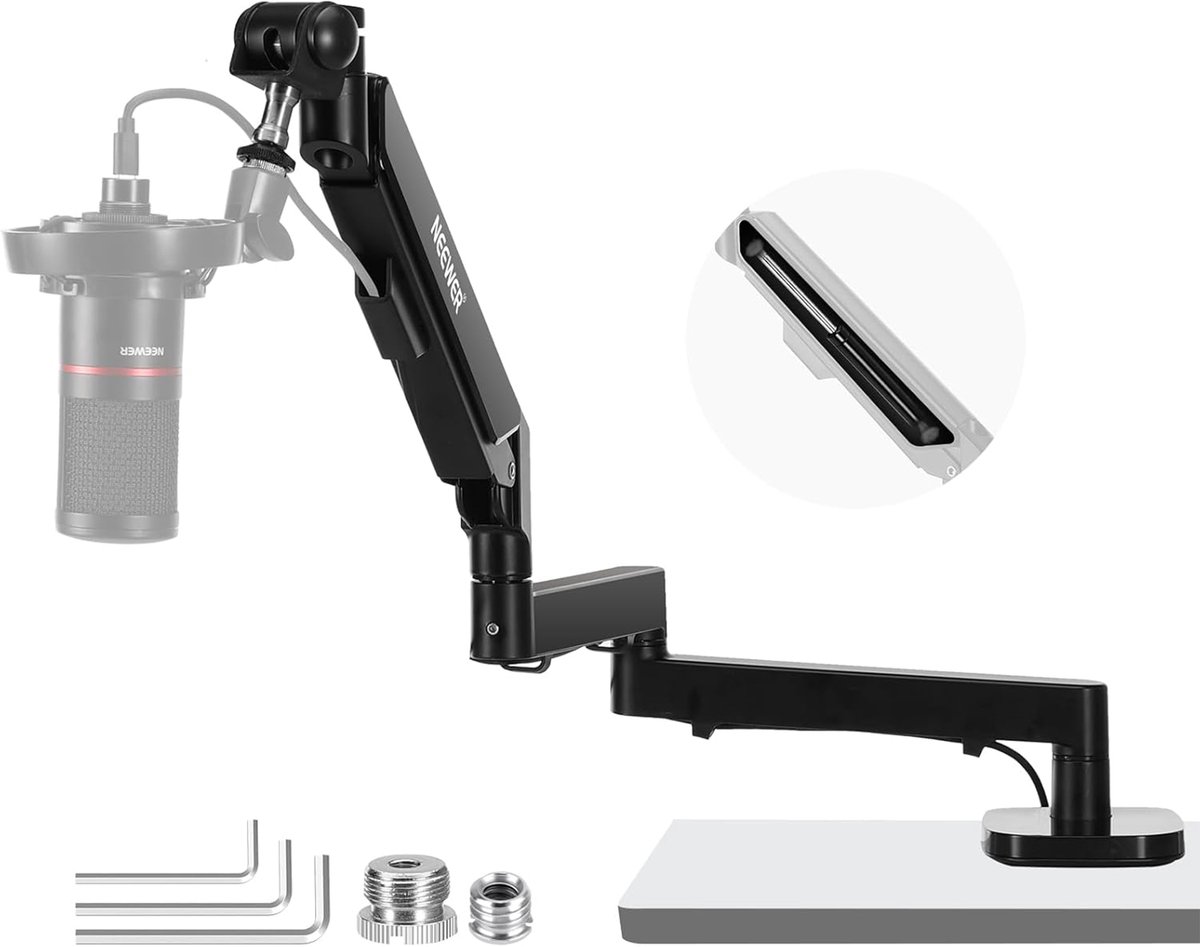 NEEWER Low Profile microfoonarm tafelhouder, 360° draaibare galgenarm met pneumatische demping instelbaar, compatibel met Shure MV7 SM7B Blue Yeti Gaming Streaming Podcast microfoon, MS002