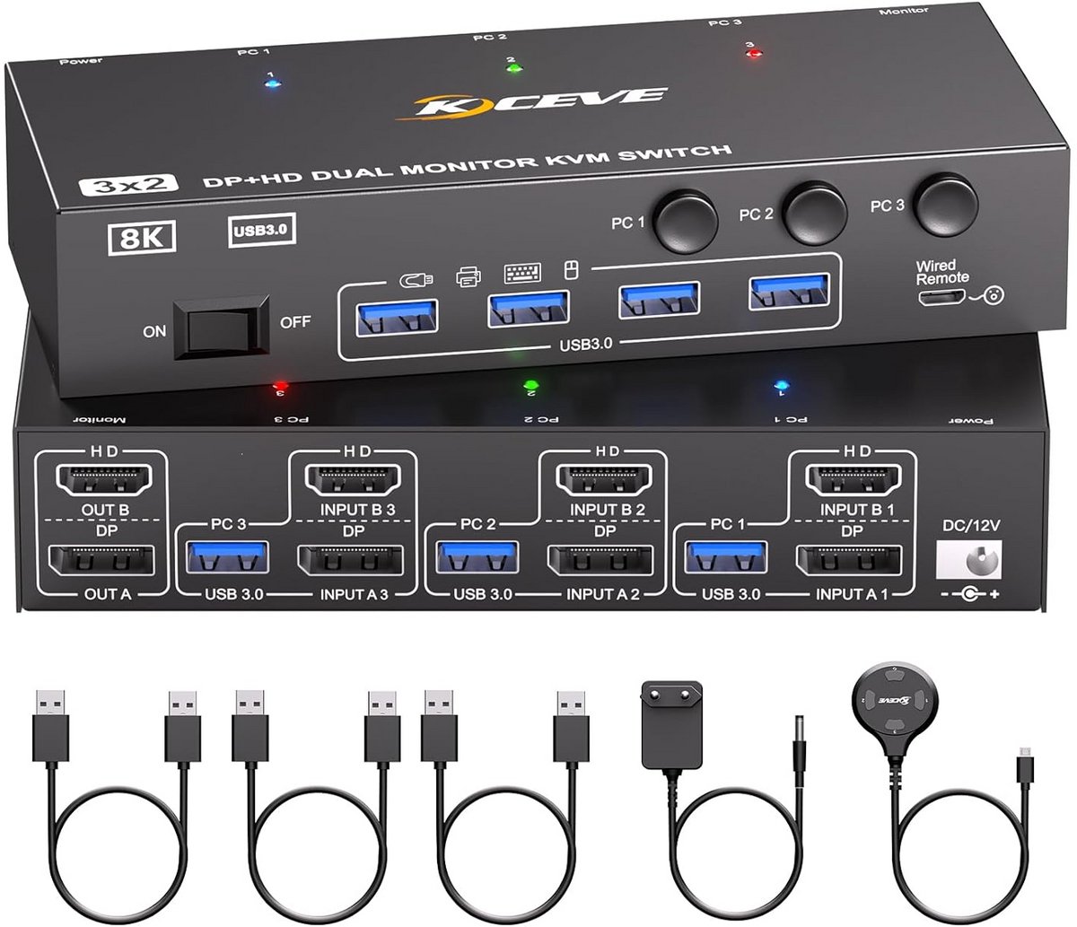 8K@60Hz HDMI DisplayPort Dual Monitor KVM-switch voor 3 PC's