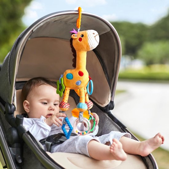 Sander Shop Giraffe Opknoping Rammelaar Speelgoed,Baby Kinderwagen Speelgoed met windklokkenspel,Kinderwagen Autostoel Wieg Pluche Dieren Activiteitenspeelgoed Cadeau voor Pasgeborene 0,3,6,9,12,36 Maand-Geel van Sander Shop — afbeelding 3