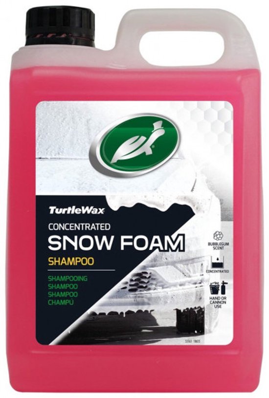 Fles Turtle Wax Snow Foam Shampoo met bubbelgumgeur en een afbeelding van een schuimende auto.
