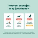 Advies hoeveel snoepjes per dag voor honden van 0-10kg, 10-20kg en vanaf 20kg. Pot is 60 of 30 dagen houdbaar.