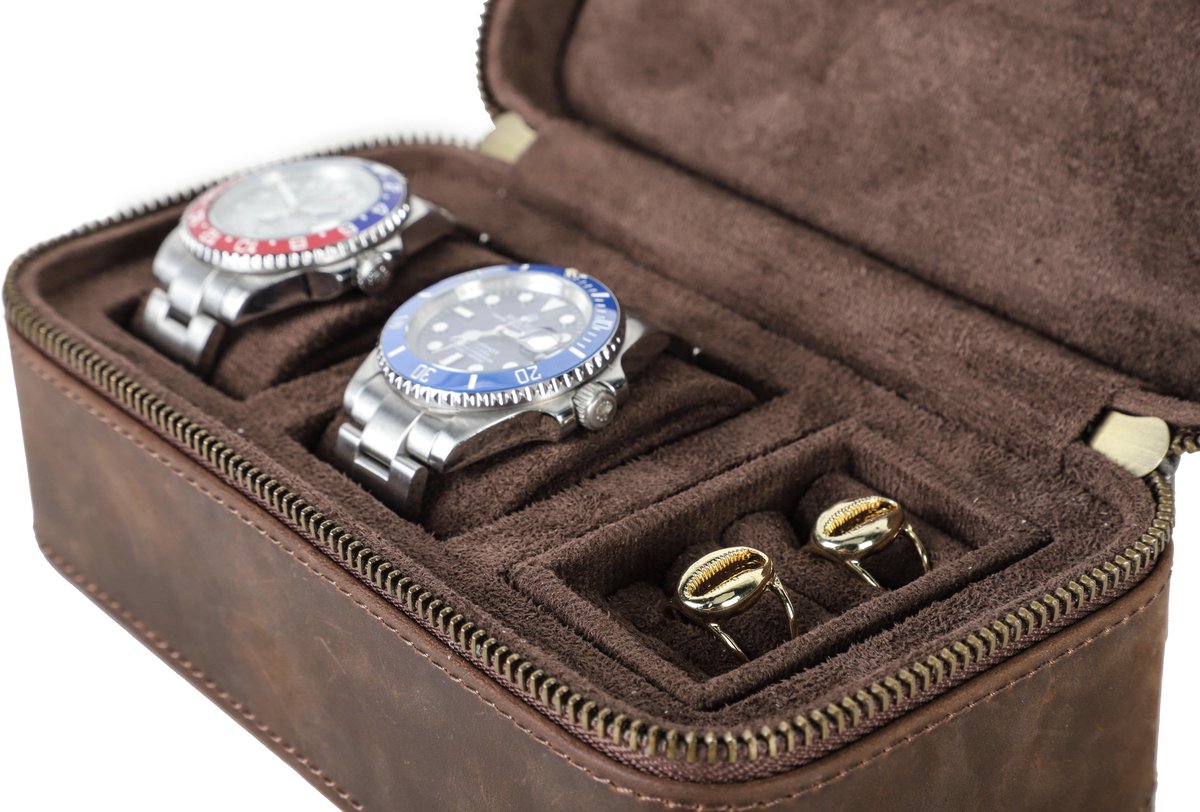 Timezone Design - Luxe Horloge Reisdoos voor 2/3 Horloges - Lederen Opbergdoos & Sieraden Organizer - Premium Watch Case - Stevige Reiskoffer - Sieradendoos -