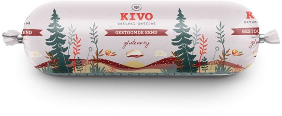KIVO natuurlijke hondenbrokken in verpakking met bomen en planten print. Glutenvrij.