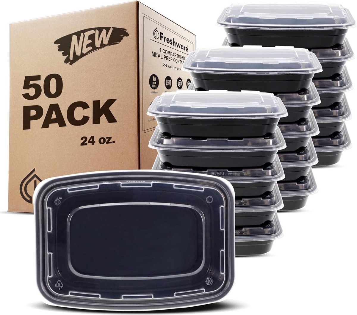 Maaltijdbereidingscontainers 50 stuks - 1 compartiment met deksels - BPA-vrij - magnetron, vaatwasser, vriezer geschikt - 24 oz - stapelbare voedselopslagcontainers - bentobox