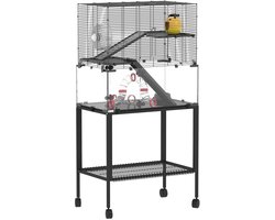 Hamsterkooi - Cavia kooi - Rattenkooi - Huisje - 3 Niveaus - Verwijderbare Lade - Met Voederstation - Zaag - Loopplank - Hutten - Staal - 77L x 49B x 130,5H cm - Zwart