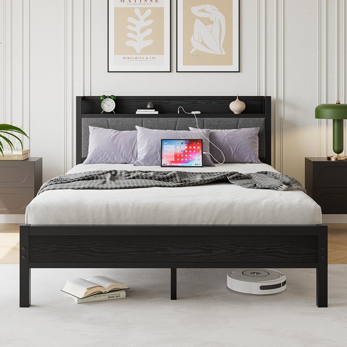 KOMHTOM BLACKCOLORS Bedframe 140 x 200 cm met slimme ledverlichting, hoofdeinde met USB-oplaadstation, platform met stevige metalen lattenbodem, geruisloos, eenvoudige montage, geen springverenbodem nodig Zwart