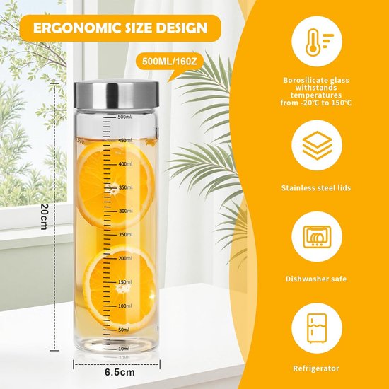 Lot De 3 Bouteilles En Verre Transparent – 18 Oz – Avec Couvercle – Réutilisables