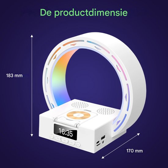 longziming -Bluetooth Speaker - Digitale Klok Slaapkamer - Bluetooth Speaker met Draadloos Opladen 15W - Bluetooth 5.3 - 3D Geluid - LED Sfeerverlichting met Digitale Klok en Telefoonhouder - Multifunctionele Bureau Speaker - wit van Longziming — afbeelding 5