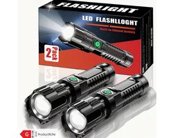 Zaklamp Set van 2 – Krachtige LED Zaklamp met Zoomfunctie – Oplaadbaar & Robuust – Waterbestendig (IP44) – Voor Camping, Thuis & Noodpakket - Noodlamp