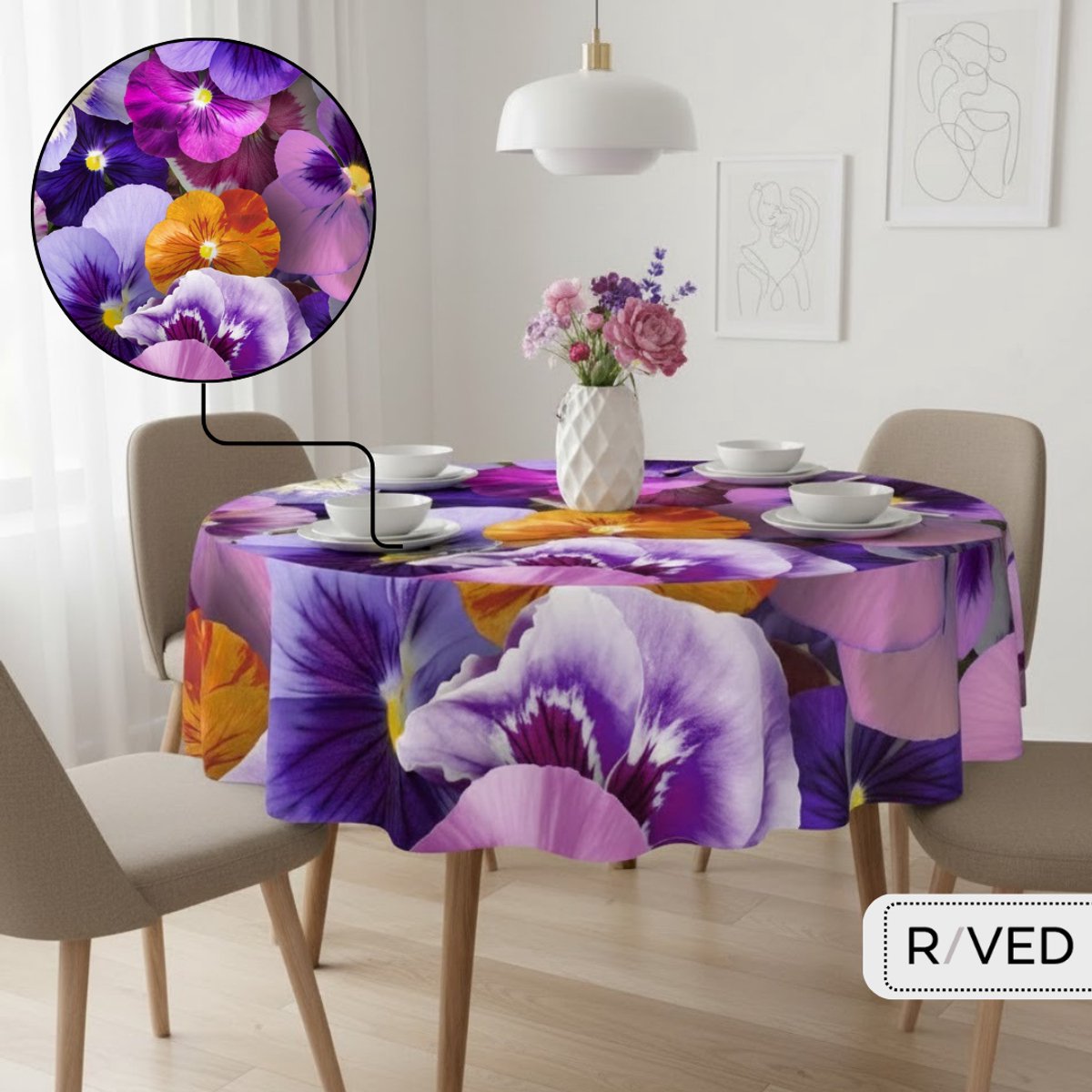 Raved Rond Tafelzeil - 140 cm ø - Bloemen - Viooltjes - PVC - Afwasbaar