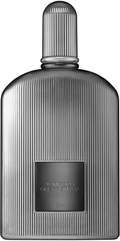 Close-up van een zilverkleurige Tom Ford Grey Vetiver parfumfles met ribbelpatroon.