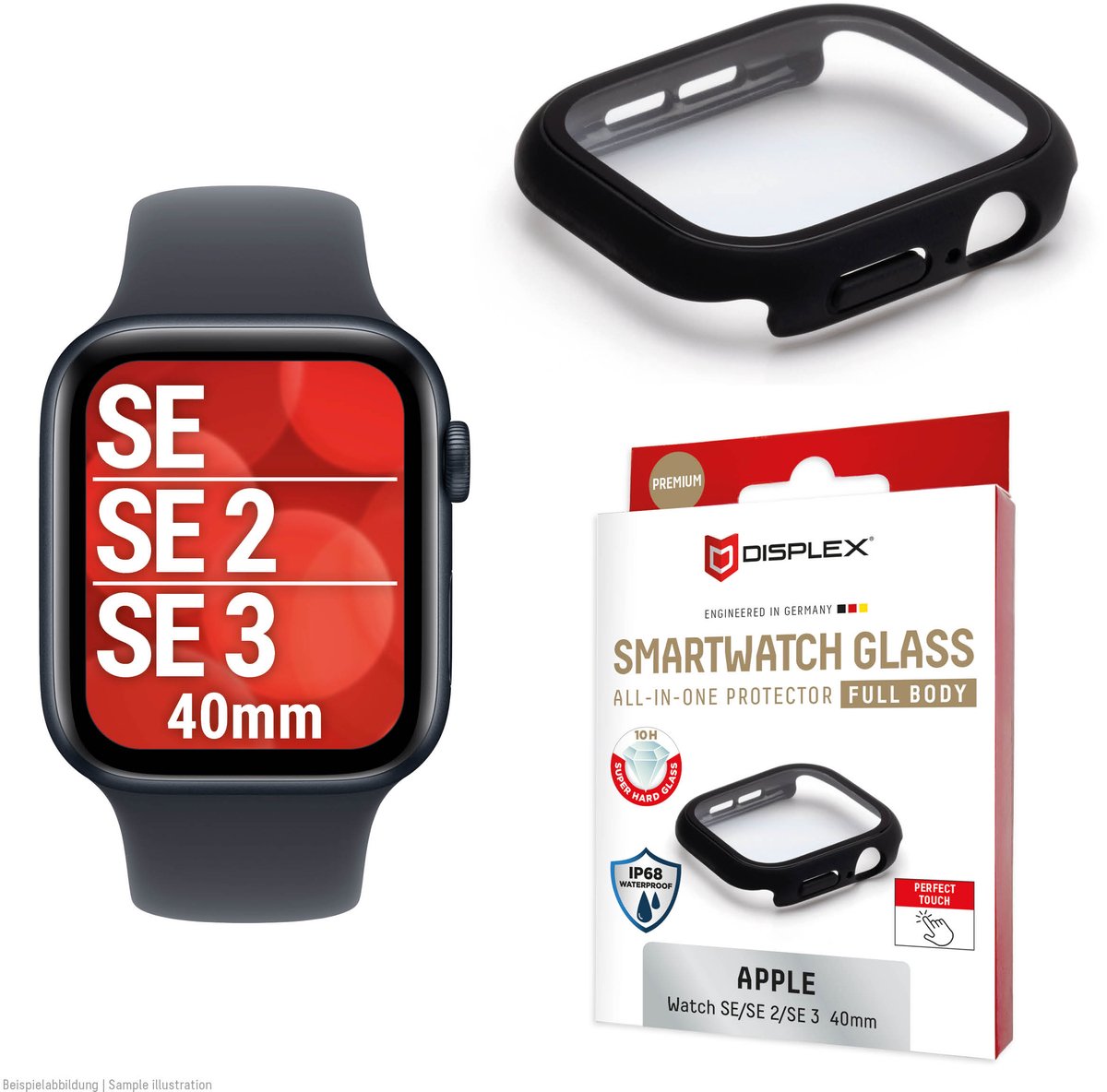 Displex 10H Panzerglas für Apple Watch SE/SE2 (40mm), Full Body Schutz, IP68, Snap-On, black frosted, Schermbeschermer, Smartwatch, Zwart, Apple, Apple Watch SE/SE2 (40mm), Polycarbonaat (PC), Gehard glas