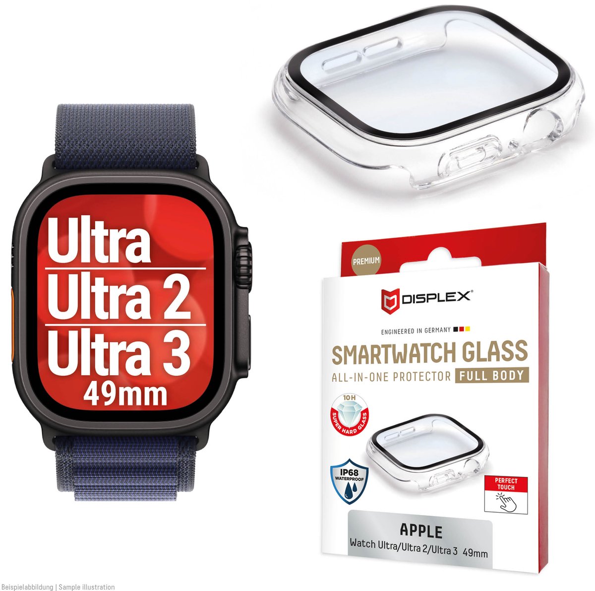 Displex 10H Panzerglas für Apple Watch Ultra/Ultra2 (49mm), Full Body Schutz, IP68, Snap-On, transparent, Schermbeschermer, Smartwatch, Transparant, Apple, Apple Watch Ultra/Ultra2 (49mm), Polycarbonaat (PC), Gehard glas